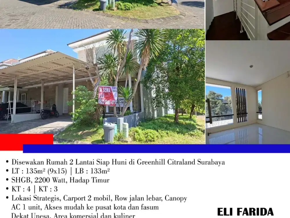 Disewakan Rumah 2 Lantai Siap Huni di Greenhill Citraland Surabaya