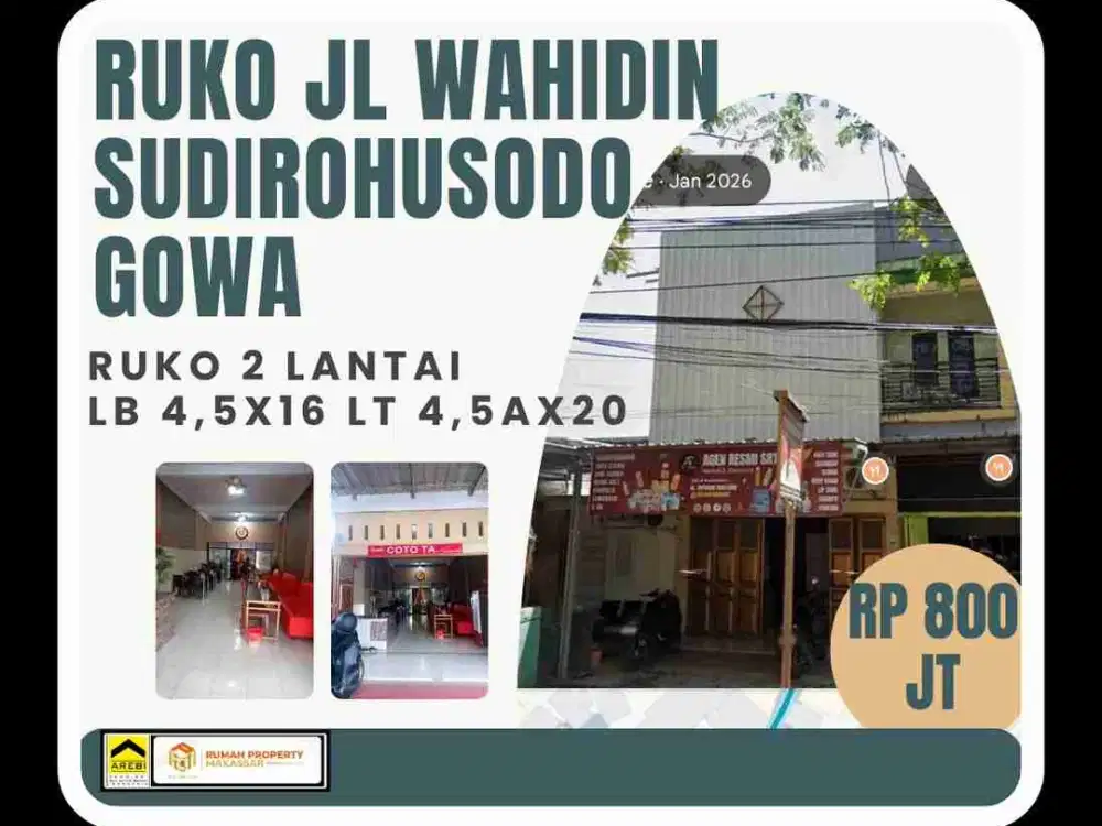 Ruko Jln. DR.wahidin Sudirohusodo Gowa

LB 4,5 x 16
LT  4,5 x 20
Akte Hibah

Harga jual 800 jt
Untuk pengurusan surat2 bagi dua