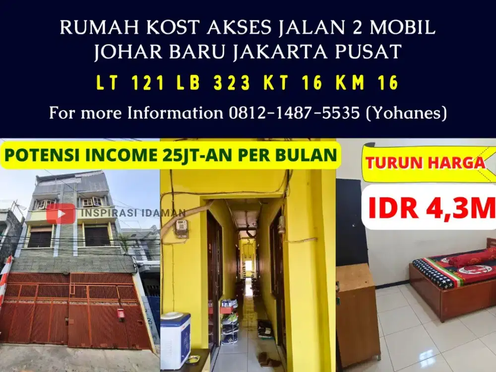 Rumah Kost 16 Kamar Akses 2 Mobil Johar Baru Jakpus