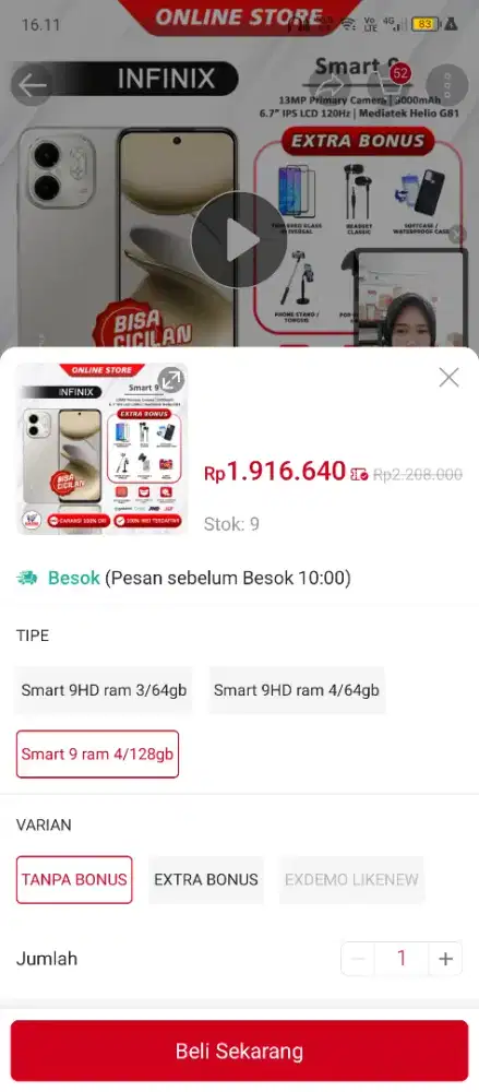 Jual cepat Infinix smart 9 + box + case