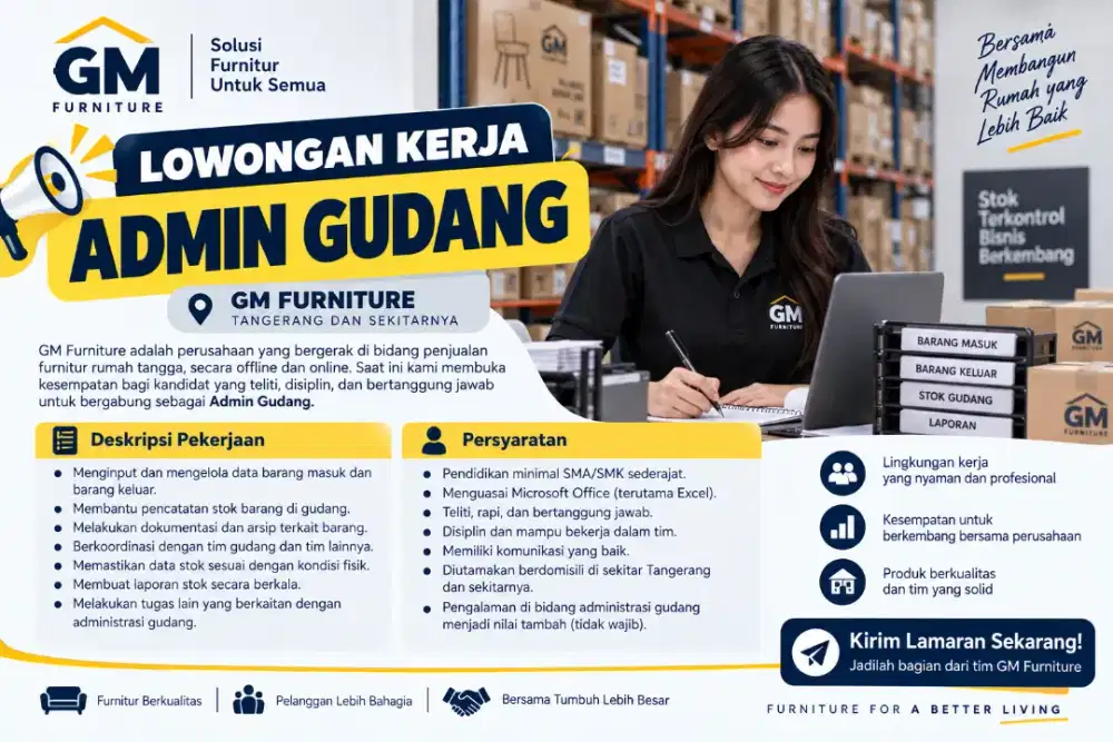 LOWONGAN KERJA ADMIN GUDANG – GM FURNITURE | TANGERANG