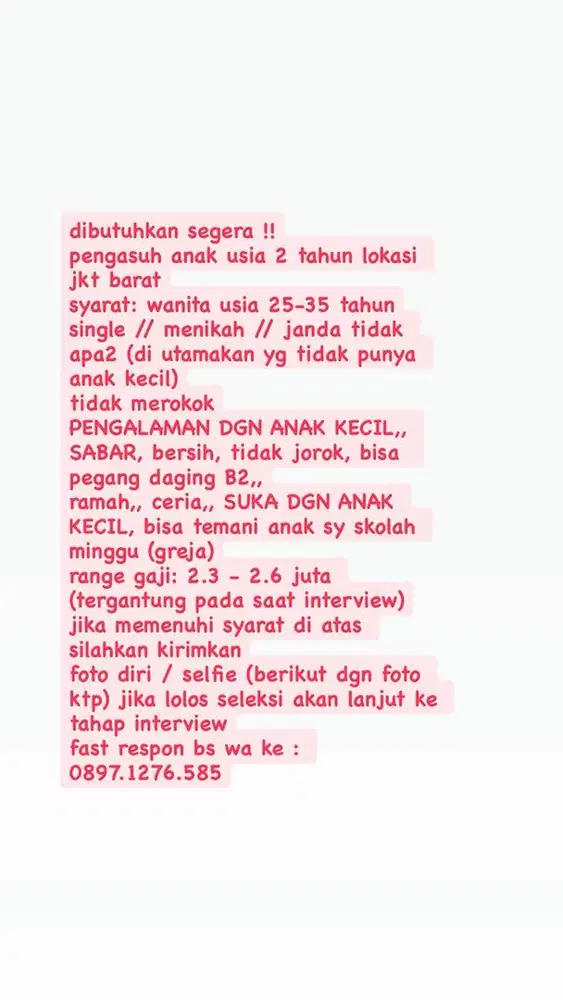 di butuhkan PENGASUH ANAK 2 tahun // ART MOMONG