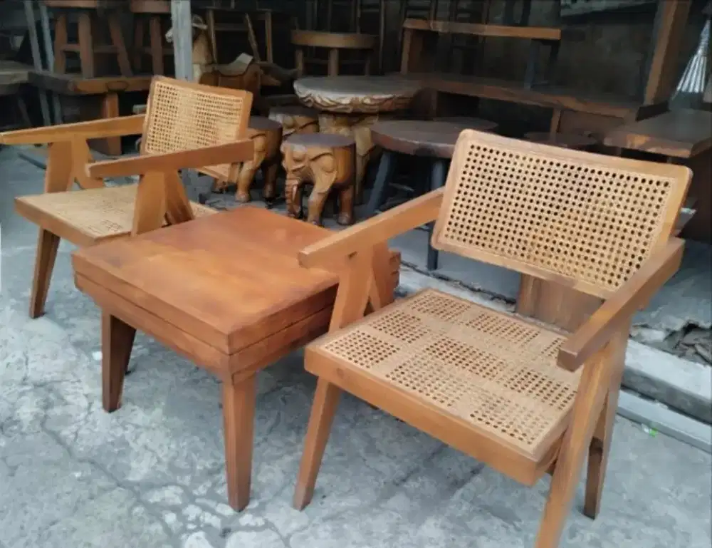 Meja kursi tamu teras jati Trembesi rotan