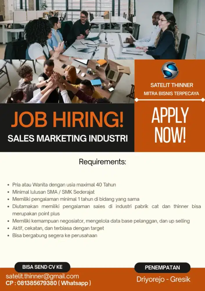 Dibutuhkan pekerja dengan posisi Sales Marketing Industri