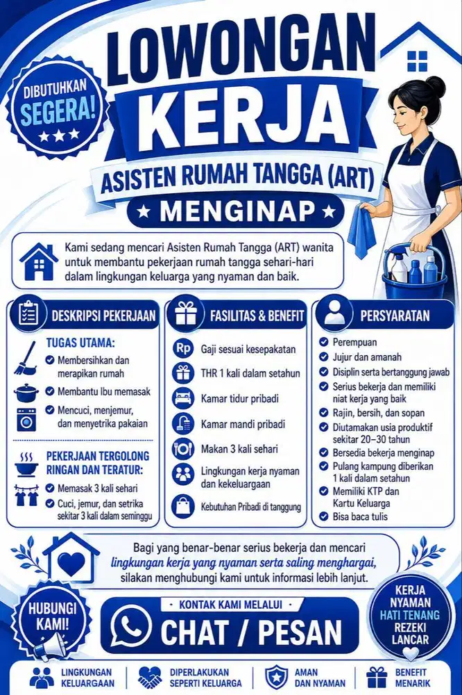 DICARI ART PEREMPUAN USIA 20–30 TAHUN — BISA MASAK & HOUSEKEEPING