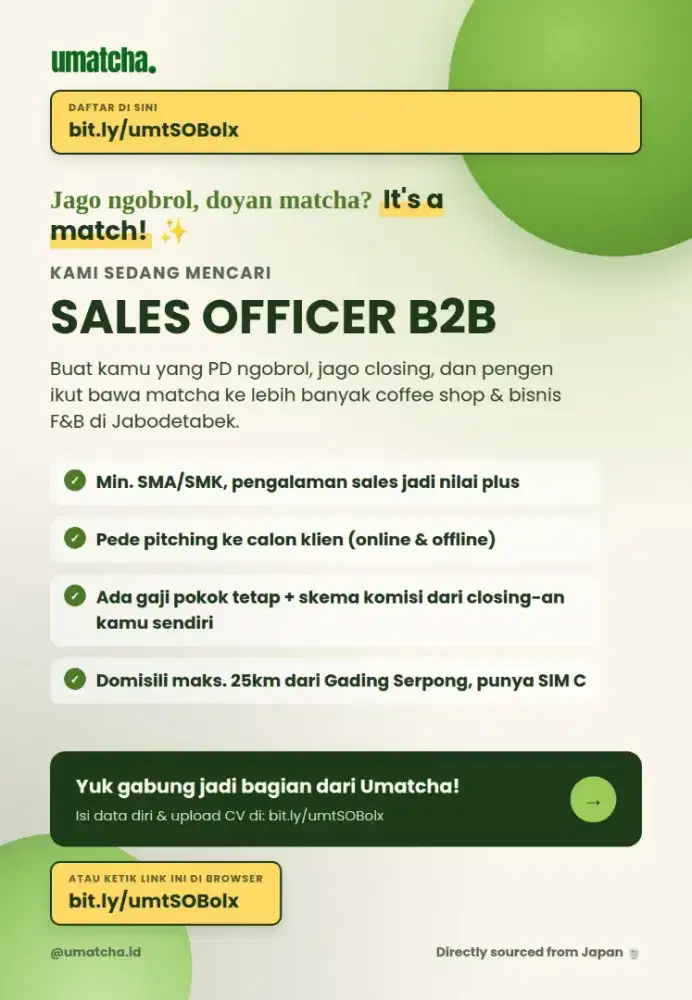 Lowongan Sales Officer B2B - Umatcha (Gading Serpong/Jabodetabek)