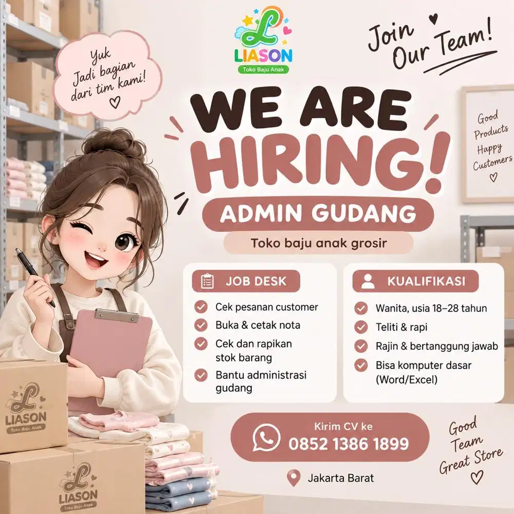 Lowongan Admin Online & Admin Gudang Grosir Baju Anak