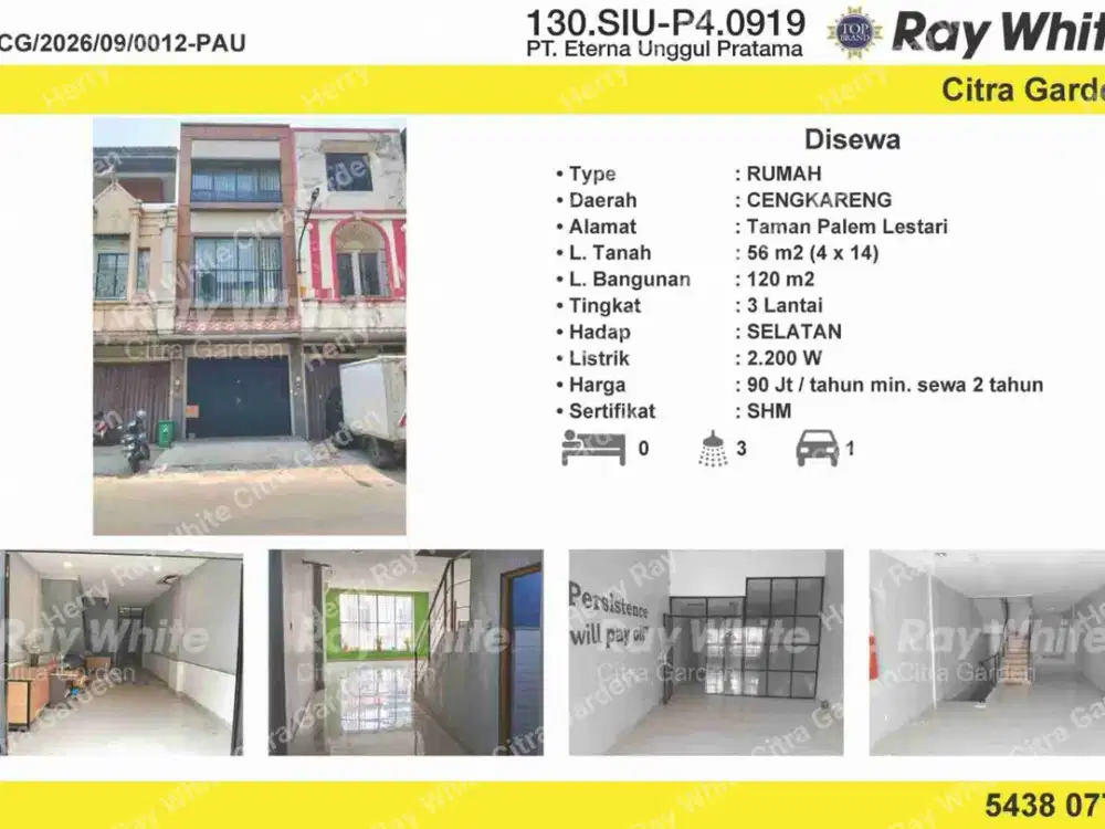 Disewakan Ruko Murah 3 lt Mewah Taman Palem Jakbar 0012-Pau