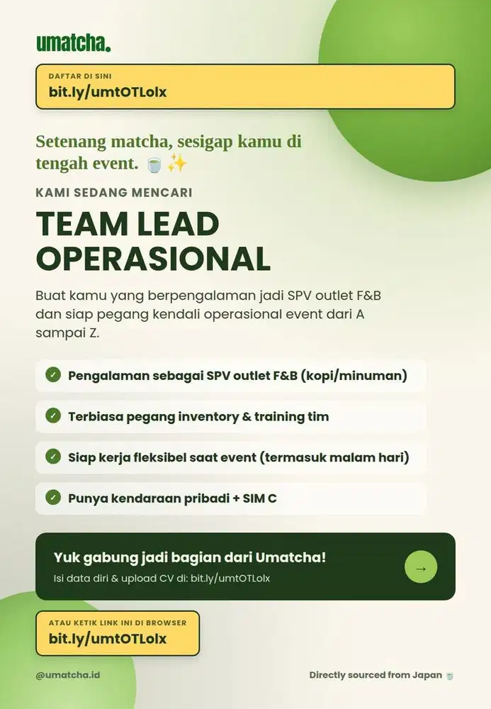 Lowongan Team Lead Operasional - Umatcha (Gading Serpong/Jabodetabek)