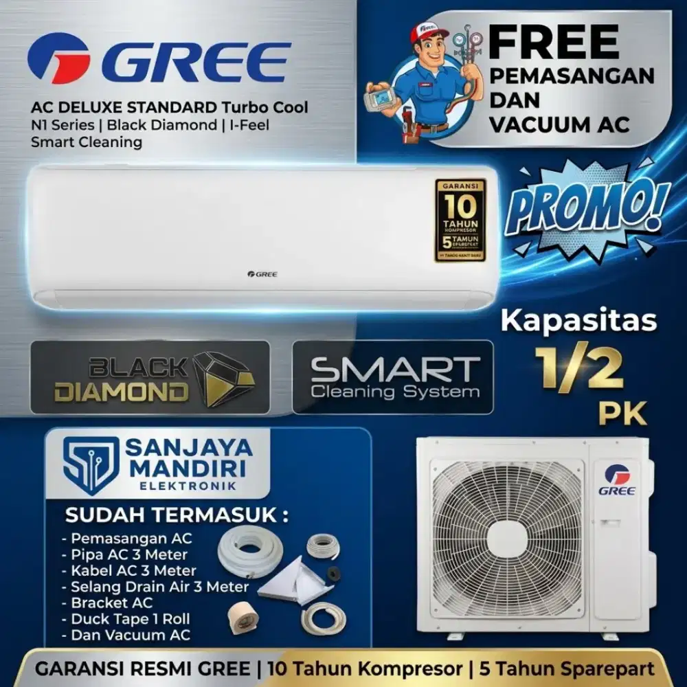 FREE PASANG! GREE AC 1/2 PK Black Diamond Smart Clean IFeel N1GWC05N1
