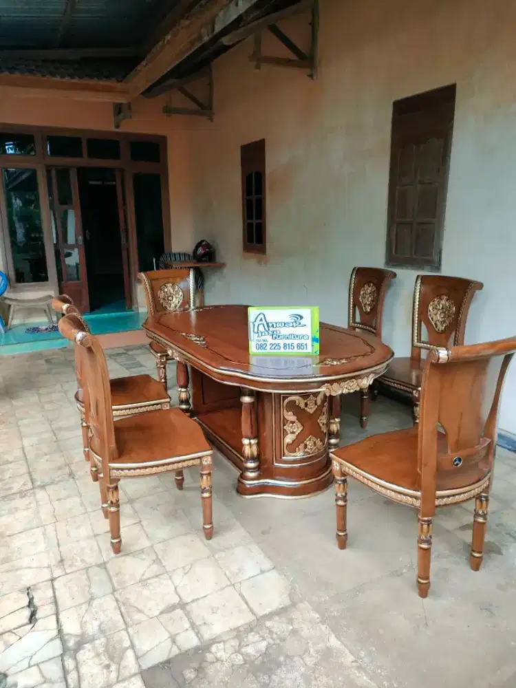 Meja makan gendong salina set kaca meja full kayu jati