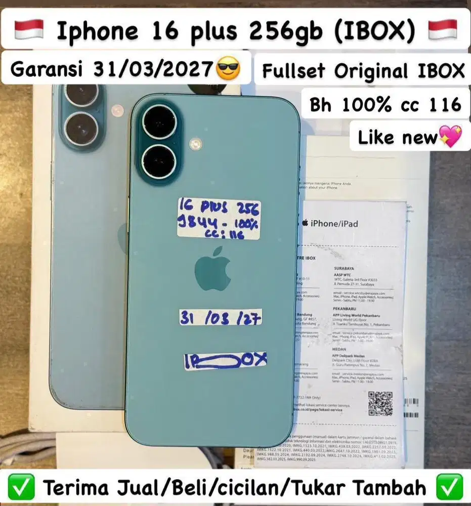 Iphone 16 Plus 256 Gb Teal Ibox masih garansi panjang