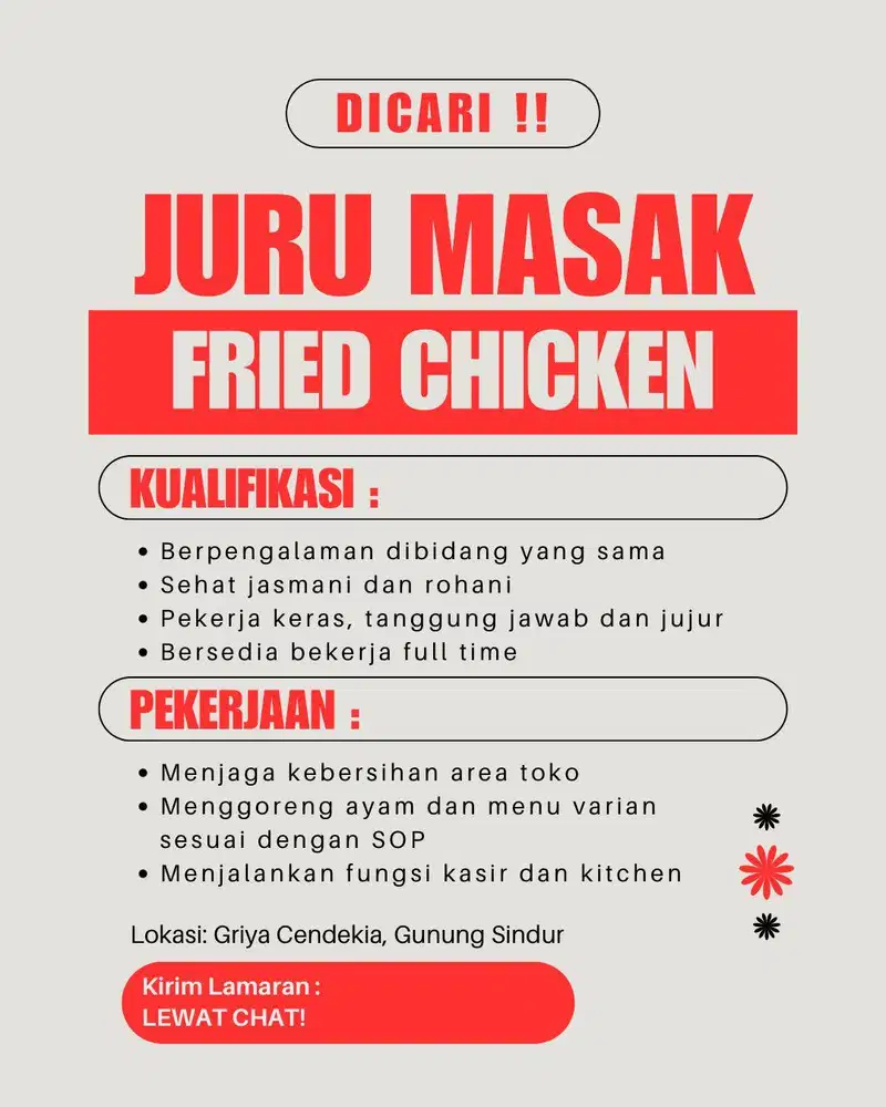 Lowongan Kerja Pegawai Fried Chicken – CURUG/GUNUNG SINDUR
