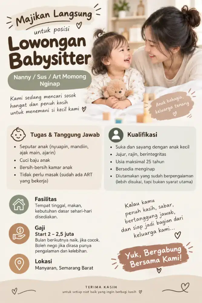 Loker Saya Cari Sus / Nanny / Babysitter / Art Momong Nginap