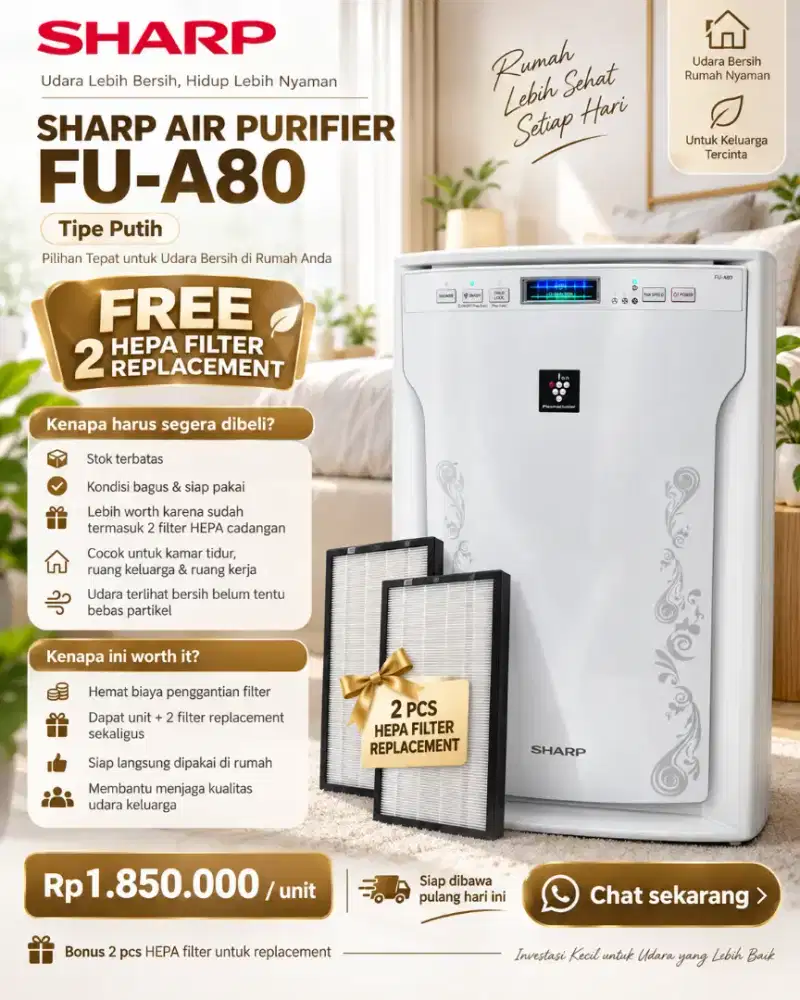 Sharp Air Purifier FU-A80Y-W Putih - 100% BARU Hanya Buka Segel Kardus