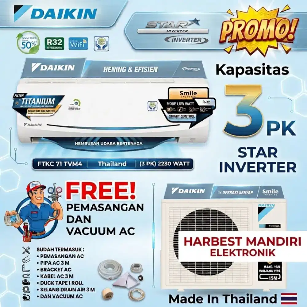 FREE PASANG! DAIKIN AC Split 3 PK STAR INVERTER THAILAND 3 PK STKC71TV