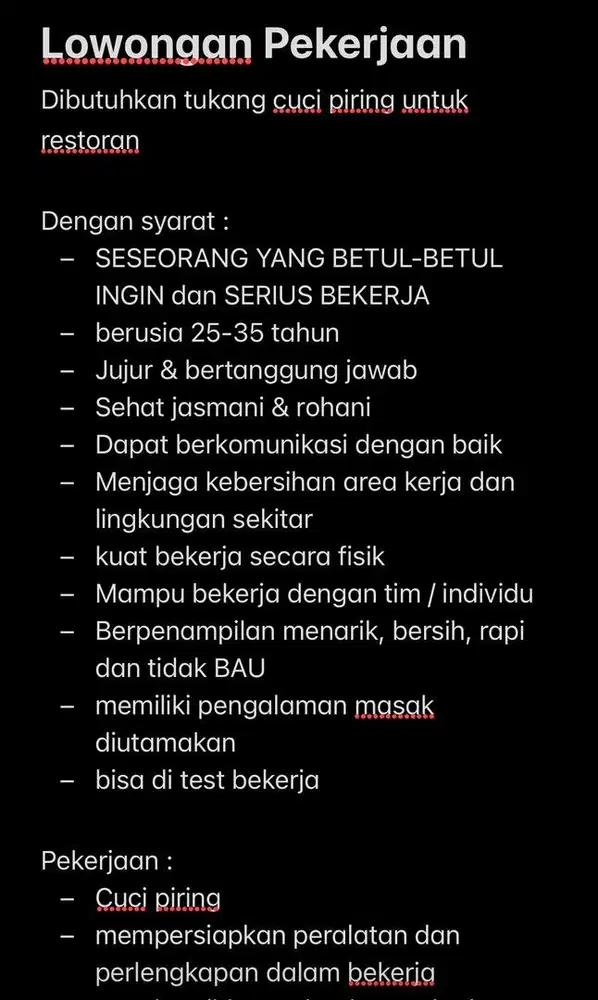 Dicari tukang cuci piring restoran