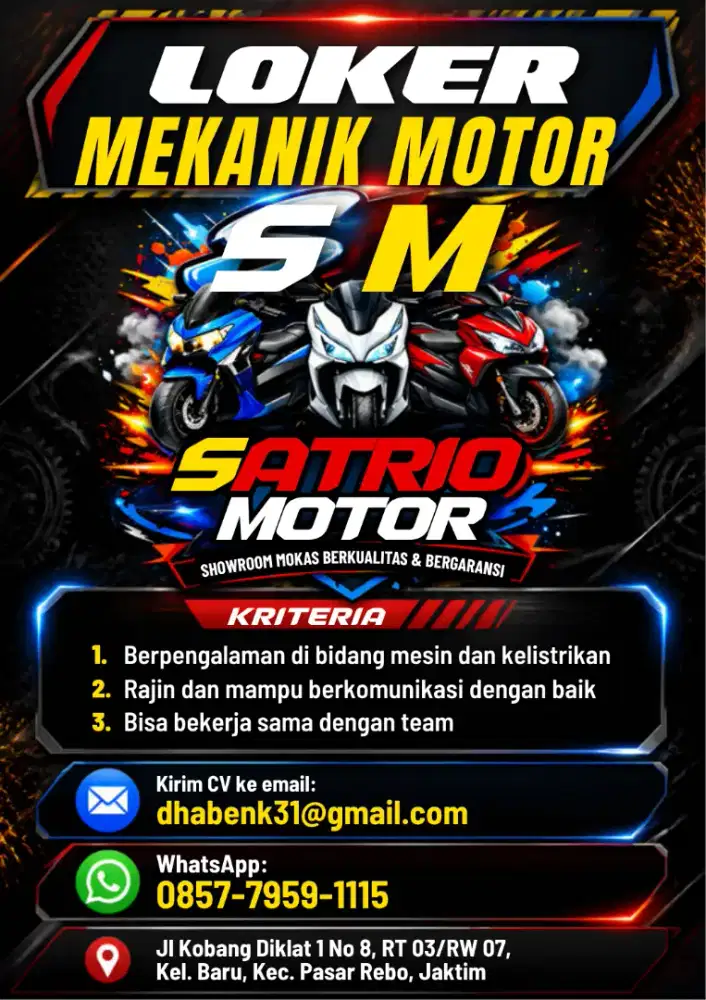 LOWONGAN KERJA BUAT MEKANIK MOTOR YANG SUDAH BERPENGALAMAN