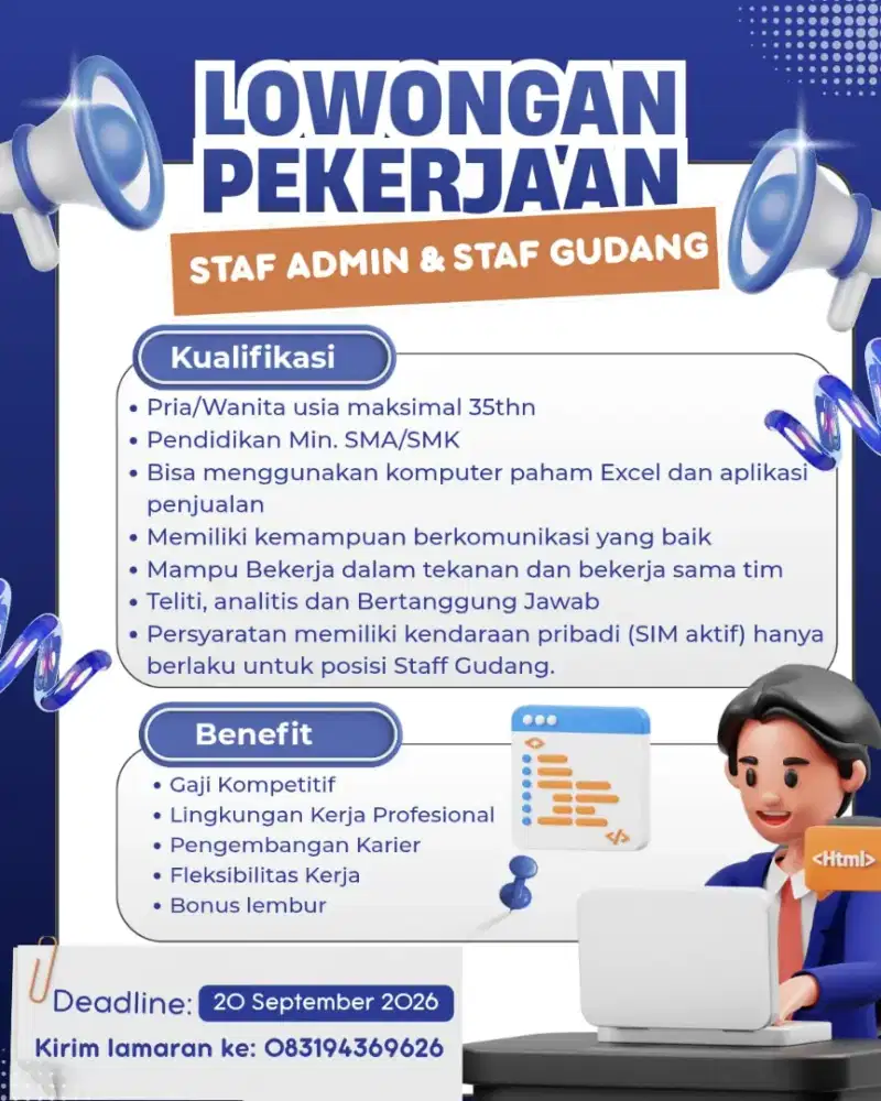 Lowongan Staf Administrasi &Staff Gudang