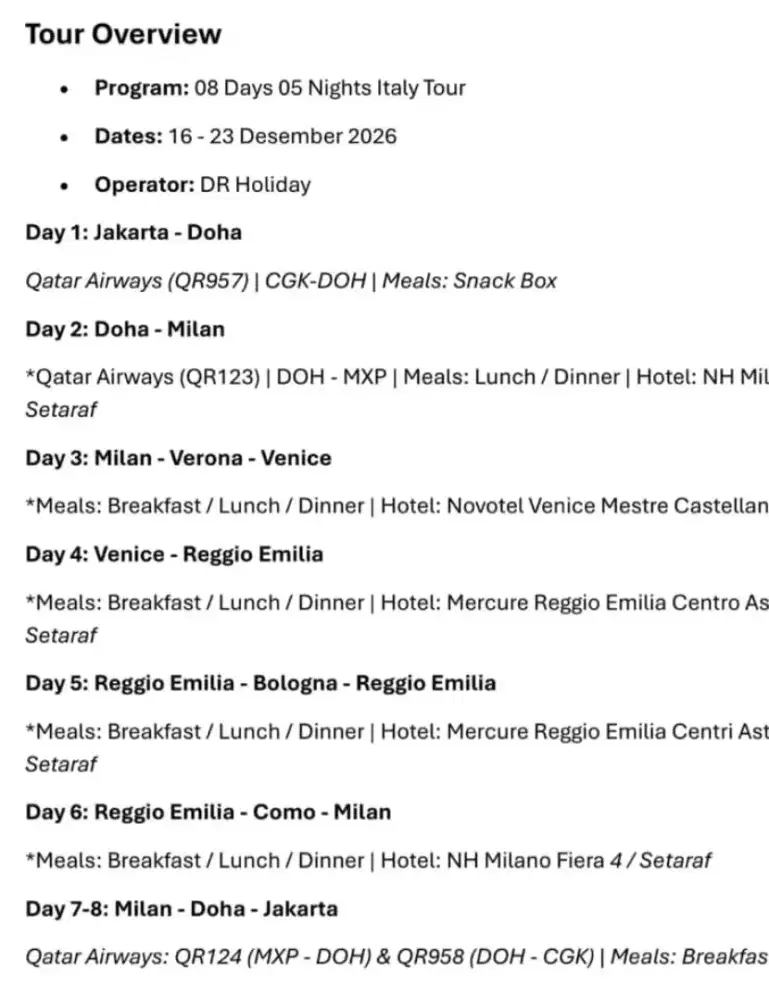 TRIP ke ITALIA  16-23 Desember 2026 (8 hari 5 malam)