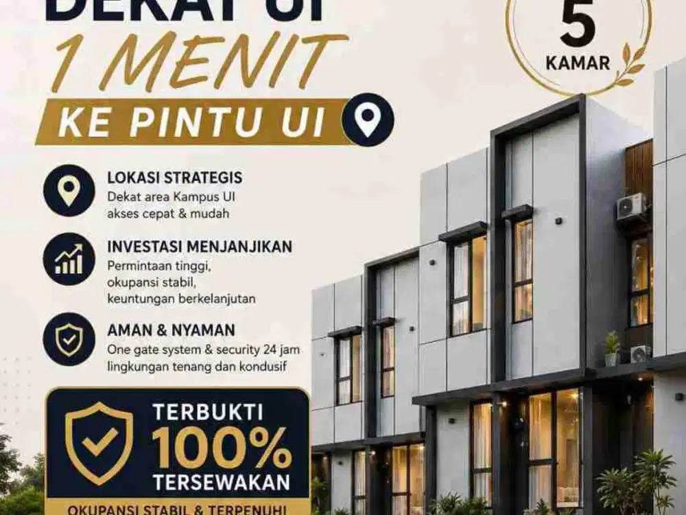 Jual Kosan Baru dekat Kampus UI Kota Depok (1 Menit) Kos 5 kamar Kukusan beji