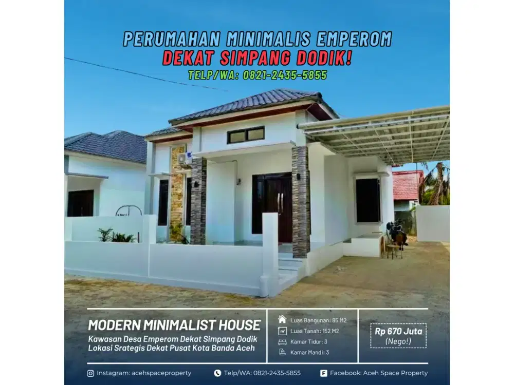 Dijual Rumah Minimalis di Emperom - Dekat Simpang Dodik dan Kawasan Lamteumen!