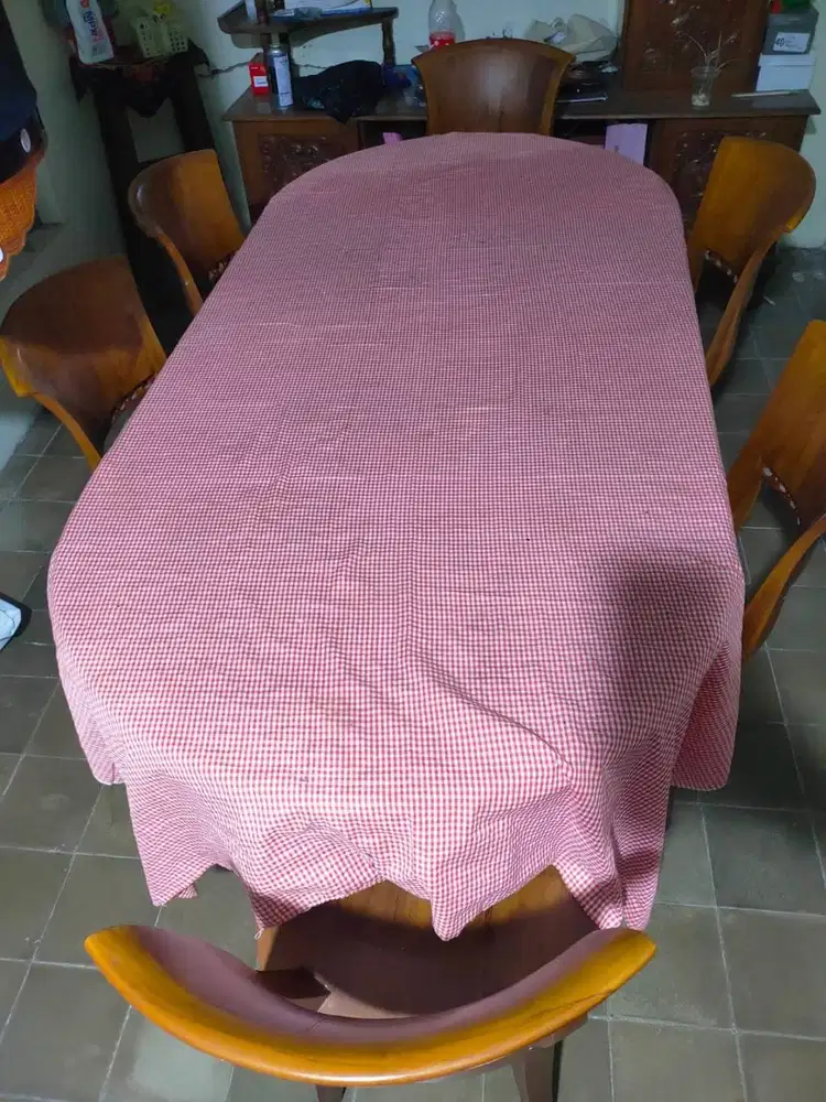 Meja Makan Jati Tua Asli Oval 6 Kursi + Kaca - Sragen Kota*