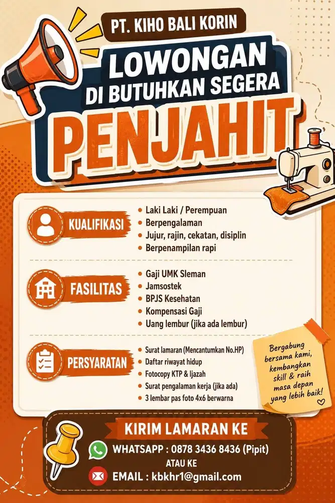 DIBUTUHKAN SEGERA PENJAHIT, ARADACHI, DRIVER PRIBADI