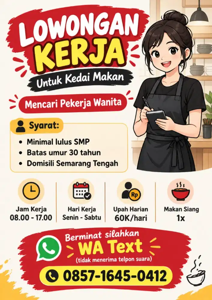 Dicari tenaga wanita untuk kedai kecil