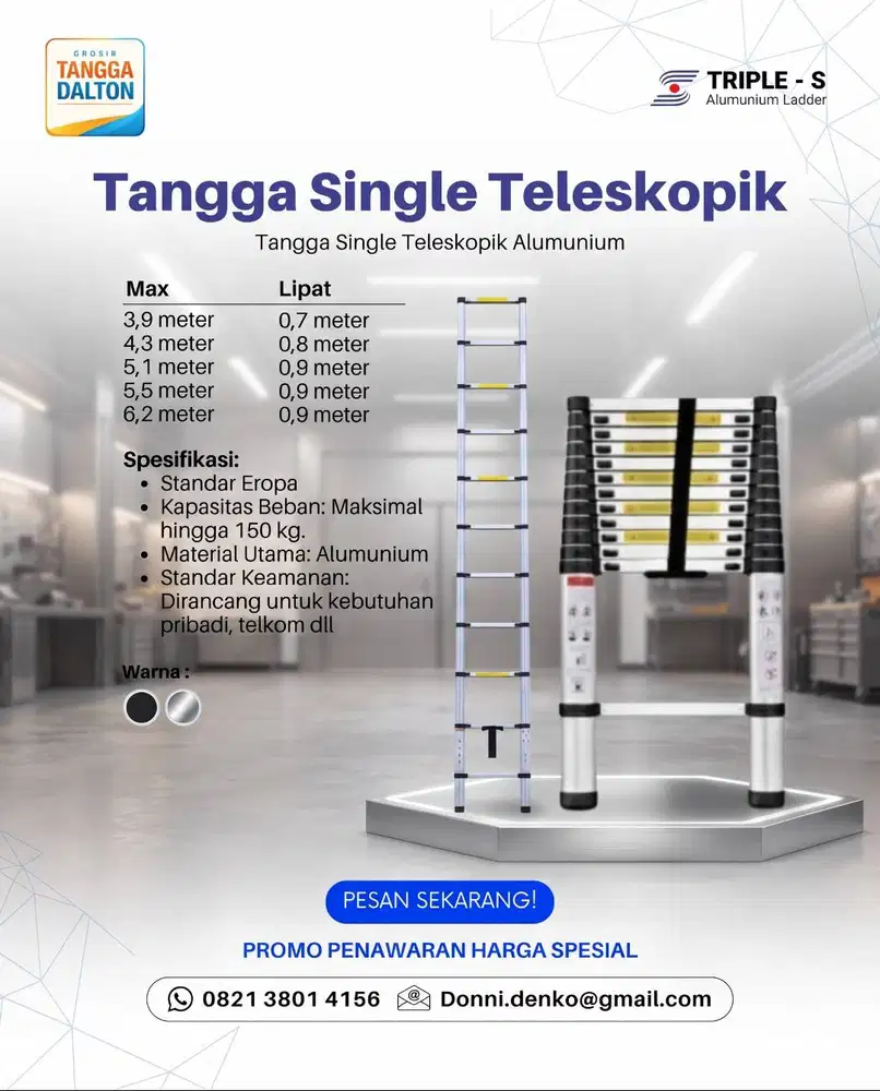 Tangga Triple-S Single Teleskopik Tinggi 3,9m 5,1m dan 6,2m Hitam - ma
