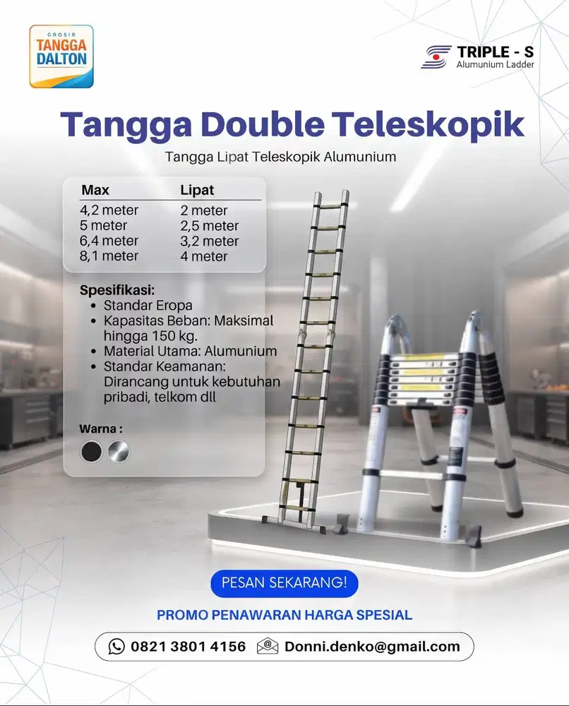 Tangga Triple-S Double Teleskopik Tinggi 4,2m, 5m, 6,4m Hitam - Gudang