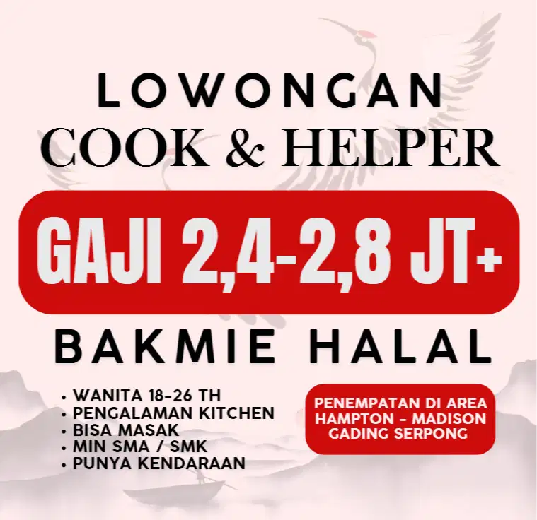 LOWONGAN WAITER HELPER COOK KEDAI BAKMIE MIE HALAL KOPITIAM BSD GS