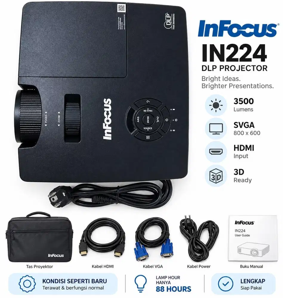 InFocus IN224 Projector | Lamp Hour 88 Jam | Normal & Terawat