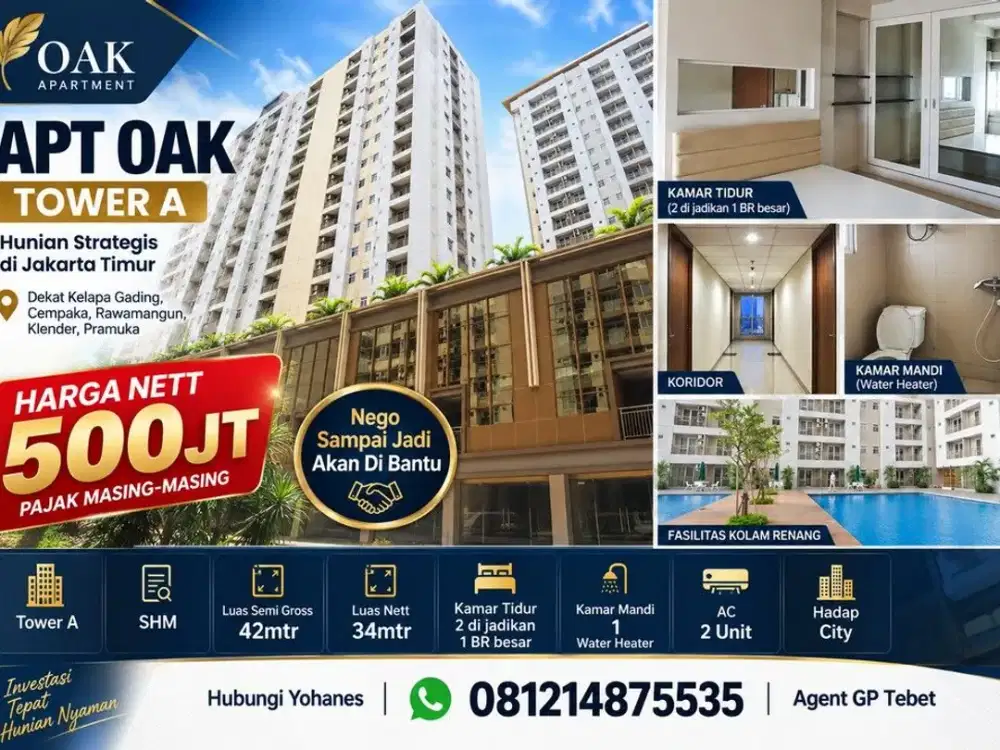 APT Oak tower A Lantai 5 1BR besar semi furnished luas 42