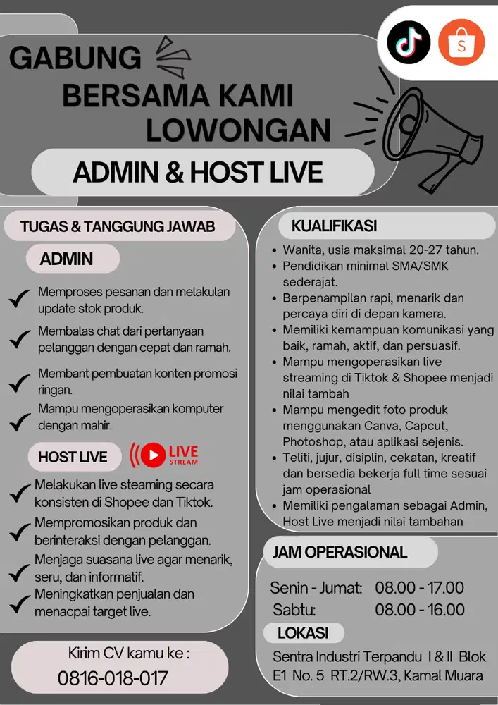LOWONGAN ADMIN & HOST LIVE