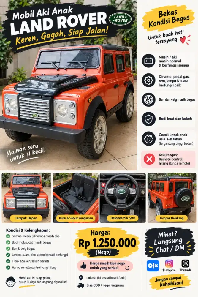Dijual mobil aki anak model Land Rover, warna orange. Kondisi bagus