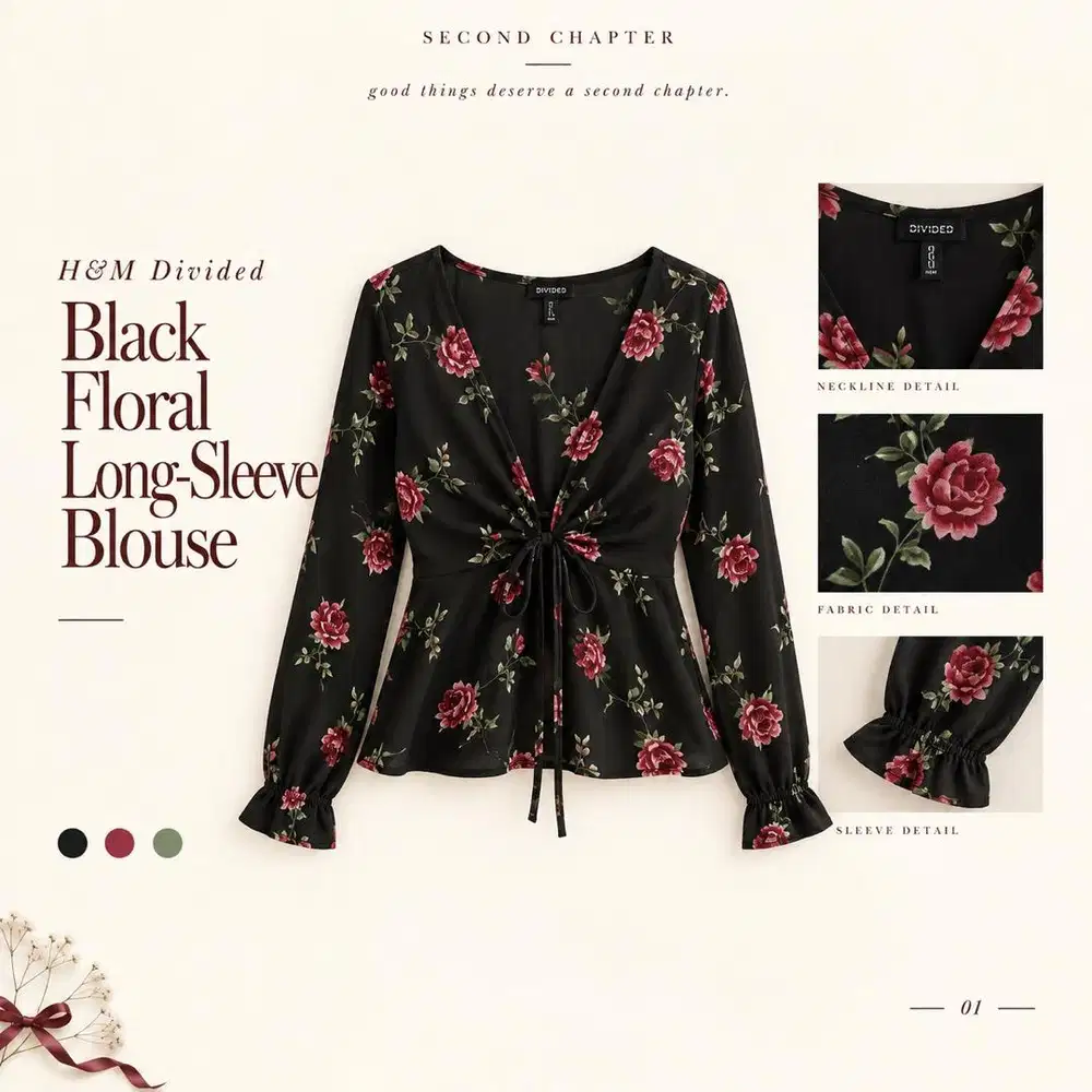 H&M Divided Black Floral Long-Sleeve Blouse