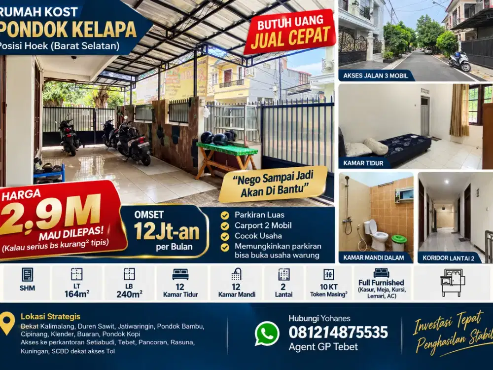 Rumah Kost Pondok Kelapa 12 Kamar Akses 3 Mobil
