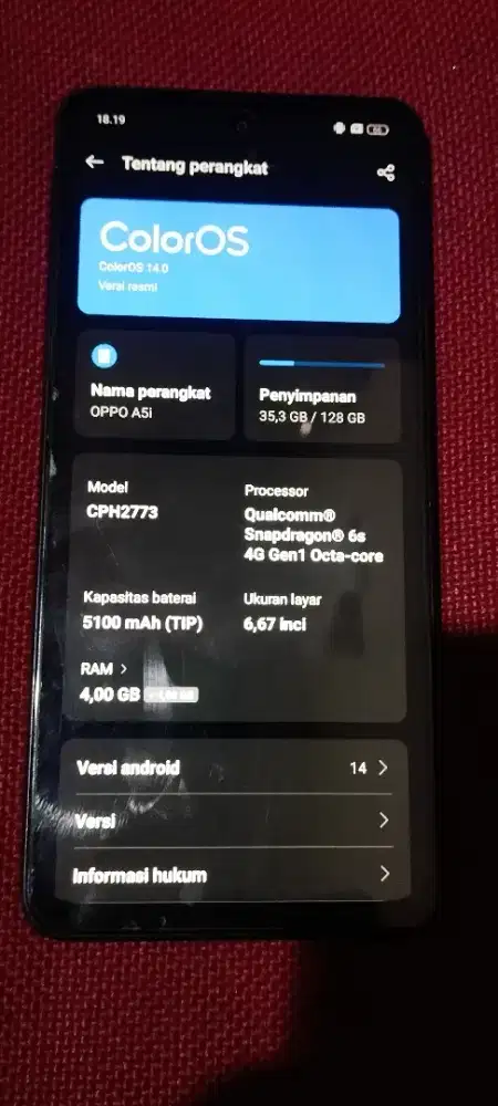 Oppo a5i batangan + charger original