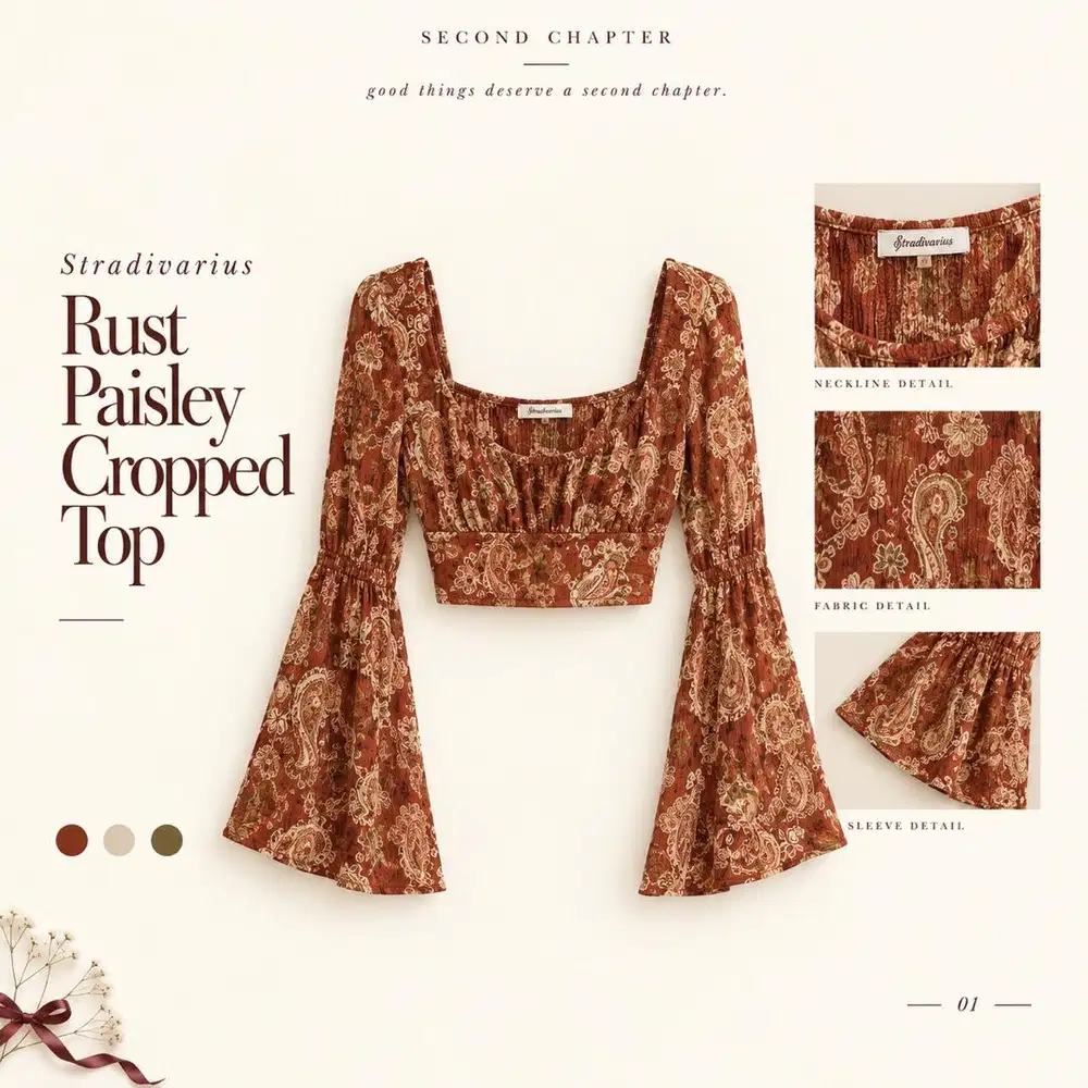 Stradivarius — Rust Paisley Cropped Top