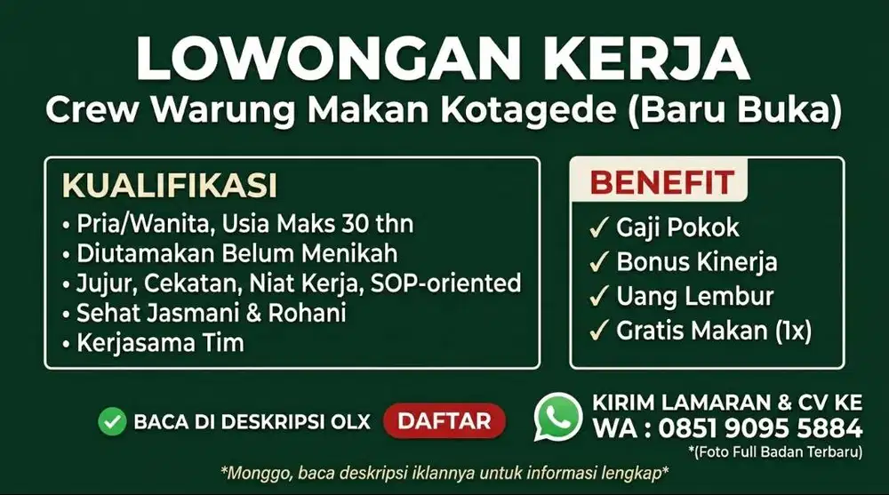 Dibutuhkan Crew / Staff Warung Makan (Persiapan Buka) - Kotagede Jogja