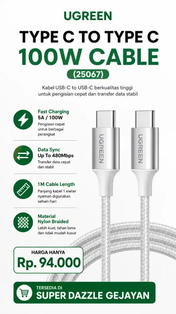 UGREEN TYPE C TO TYPE C 100W CABLE (25067)