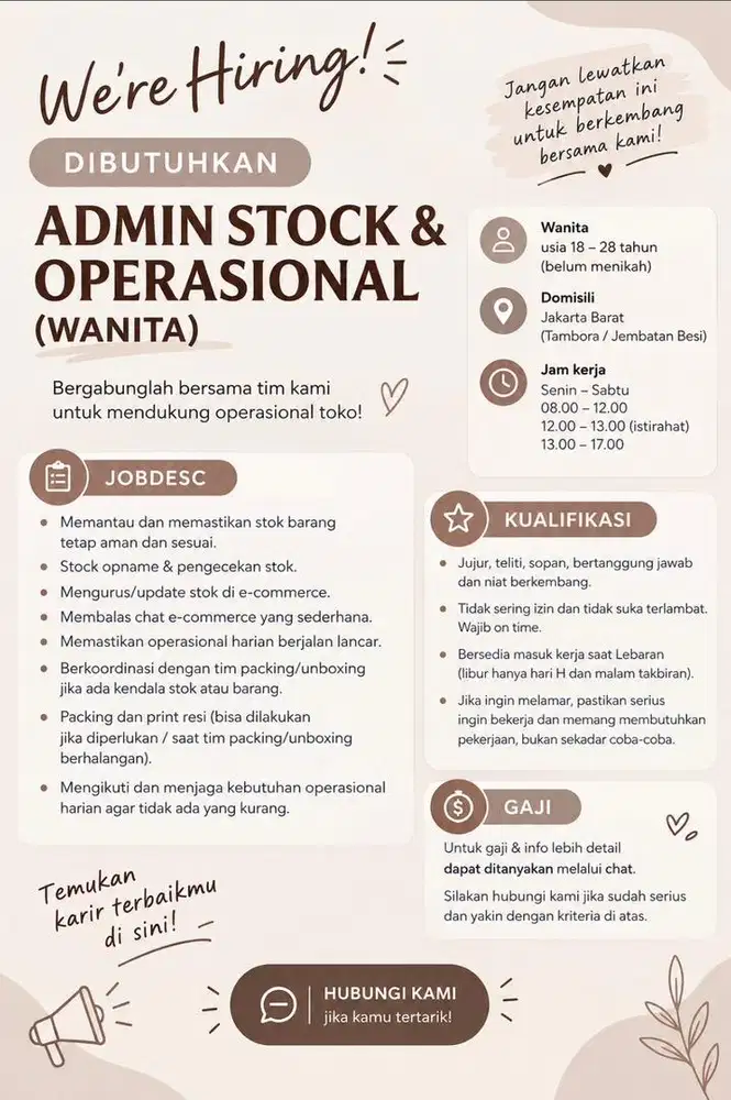 DIBUTUHKAN Admin Stock & Operasional ( WANITA )