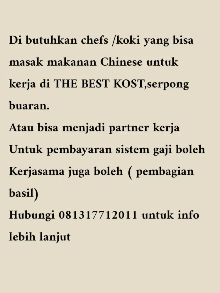 Dibutuhkan chefs atau koki