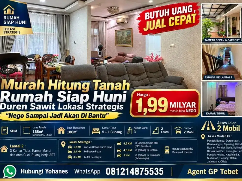 Jual Cepat Murah Hitung Tanah Rumah Siap Huni Duren Sawit Strategis