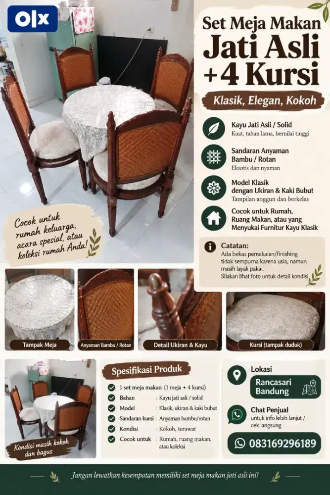 DIJUAL PRELOVED SET MEJA MAKAN KAYU JATI ASLI – 1 MEJA + 4 KURSI