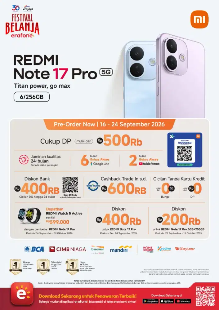 Redmi Note 17 Pro 5G 6/256GB Garansi Resmi Erafone Pre-Order Promo