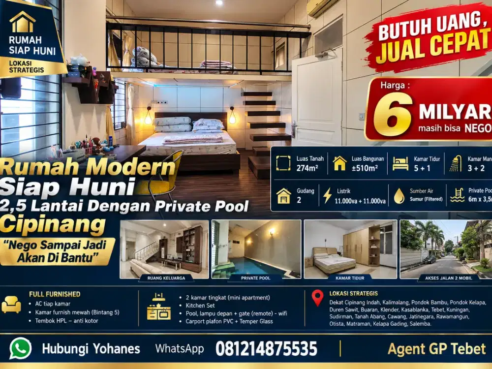 Rumah Modern 2,5 lantai 274mtr Private Pool Cipinang Elok