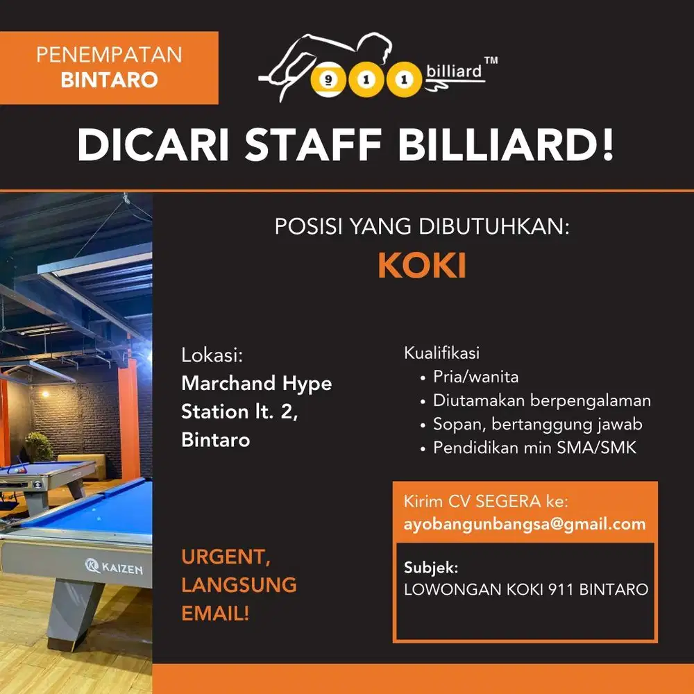 Lowongan Kerja Koki 911 Billiard Bintaro