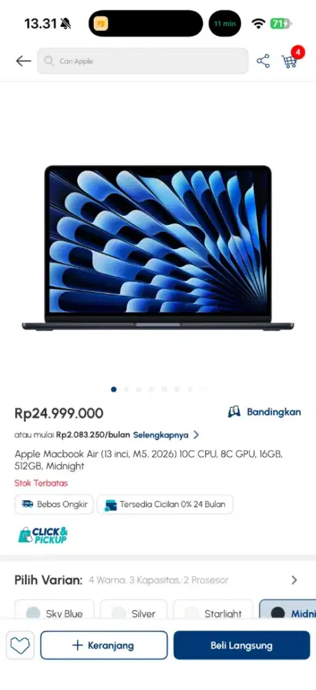 Macbook air M4 blue 
Ram 16/256 ex ibox 
Garansi on 
Siap pakai